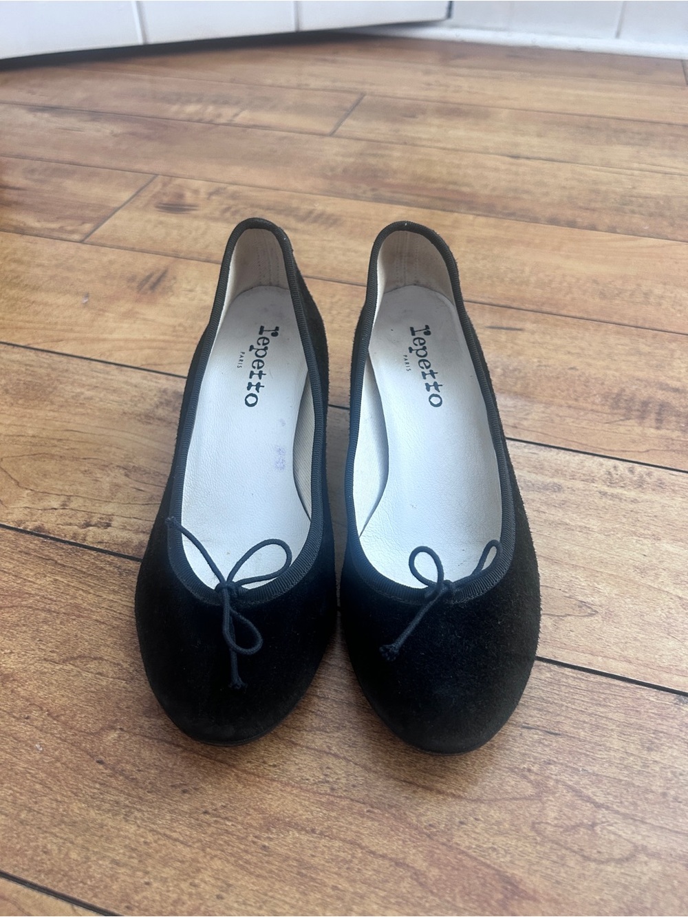Repetto Black Suede Ballet Flats with Bow Trim